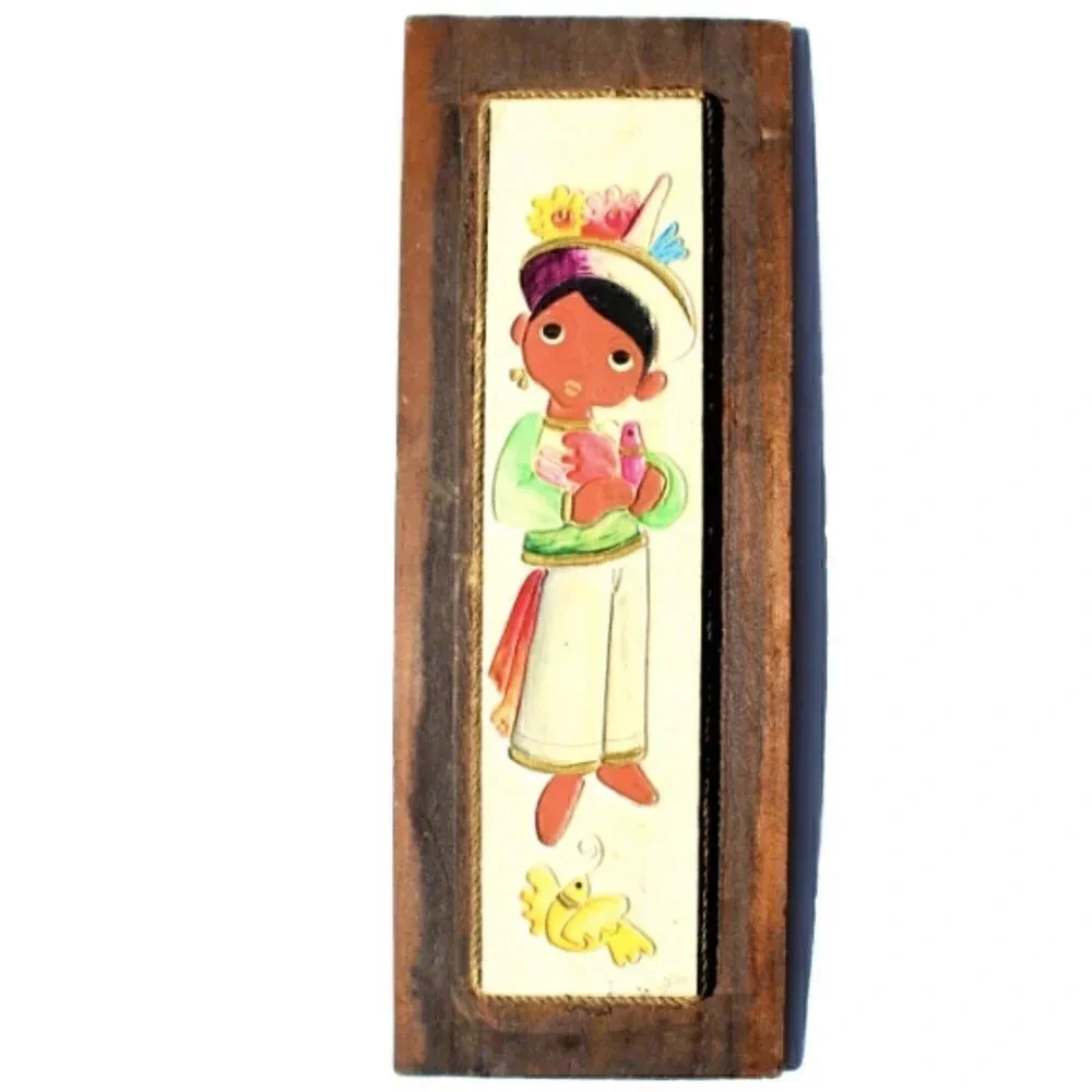 Vtg Mid Century Mexican Folk Art Wood Wall Plaques Hand Painted Children Signed